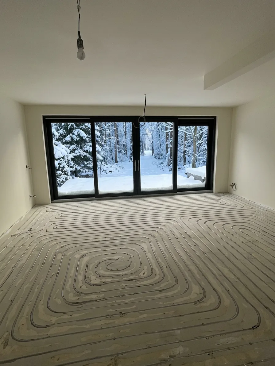 Vloerverwarming ingefreesd in houten vloer met uitzicht op besneeuwd bos
